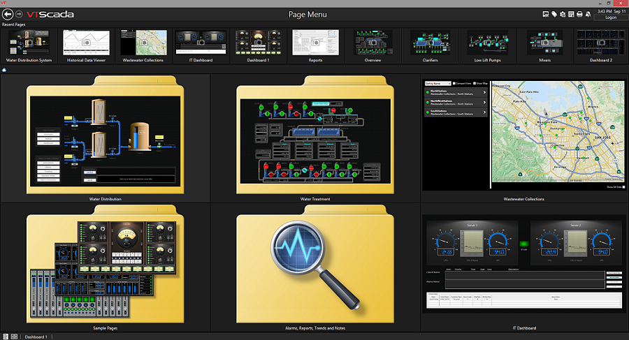 SCADA dashboard with navigational tiles